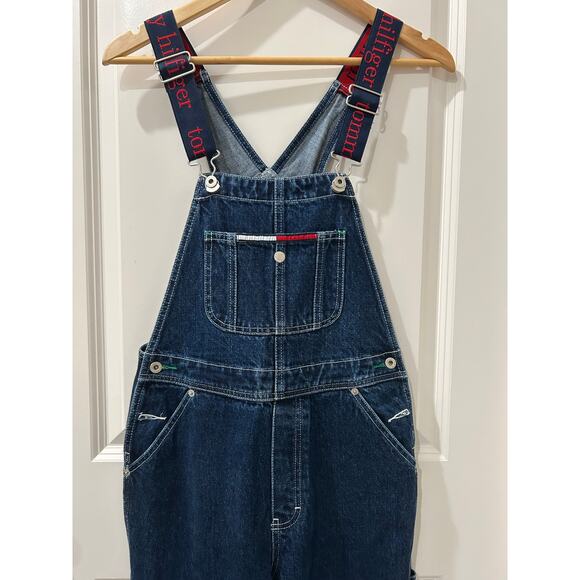 Vintage 2002 Tommy Hilfiger Blue Jean Bootcut Logo Straps Overalls Size Small - Picture 2 of 12